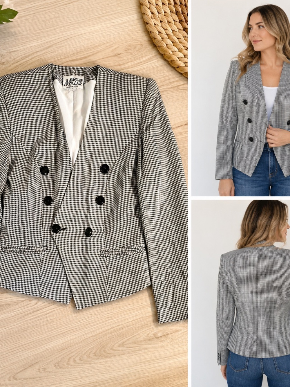 Morgan Miller Black & White Houndstooth Double-Breasted Blazer Jacket
